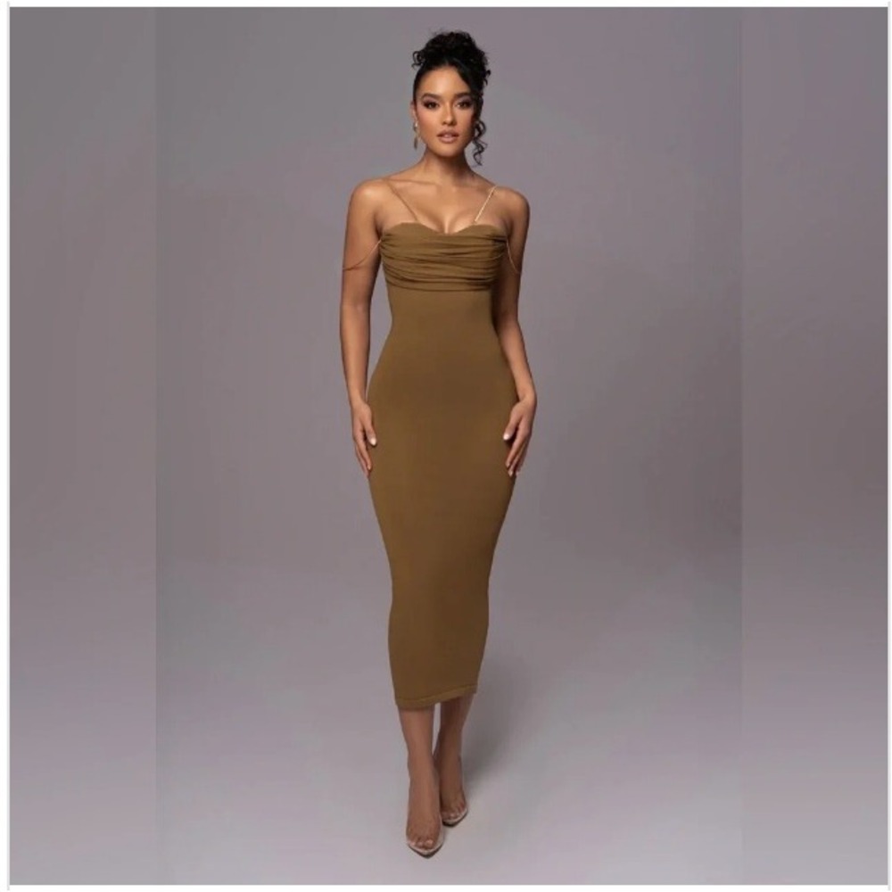 JLUXLABEL La Lune Drape Glam Midi Event Dress Olive Green Gold Chain Straps XS